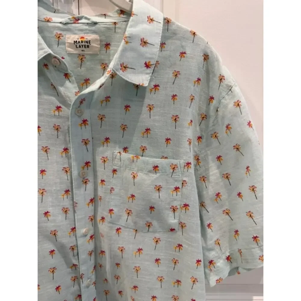 Marine Layer Palm Tree Shirt Men's M/L 100% Cotton Short Sleeve Button Up Aqua - Picture 3 of 10